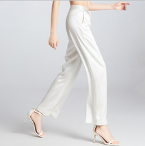 Wide Leg Fitting Mulberry Silk Comfty White Løse bukser for kvinner Engros