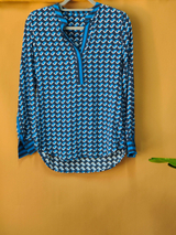 Custom Logo OEM Dame-trykt blå Button Up Silk Bluse-topp for engros